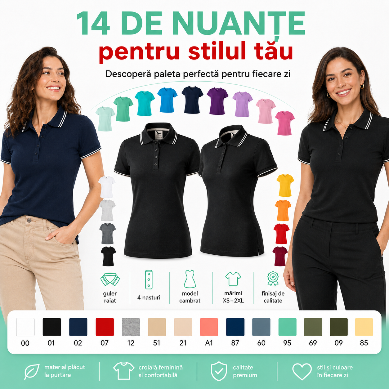 Tricou Polo Damă Malfini 233 Focus, croială cambrată, guler raiat, 4 nasturi și 14 nuanțe disponibile